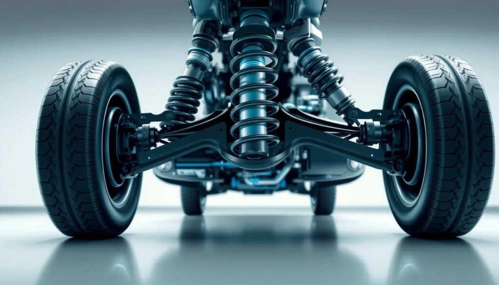 A detailed, technical illustration of a car's suspension system. The foreground depicts the suspension components, including shock absorbers, coil springs, and control arms, rendered in high detail with a focus on the intricate mechanics. The middle ground showcases the chassis and wheels, providing context for the suspension system. The background features a clean, minimalist environment, with subtle, muted tones to allow the suspension components to take center stage. The lighting is crisp and evenly distributed, highlighting the three-dimensional nature of the parts. The overall composition conveys a sense of precision and functionality, suitable for a technical article on suspension system maintenance. A detailed, technical illustration of a car's suspension system. The foreground depicts the suspension components, including shock absorbers, coil springs, and control arms, rendered in high detail with a focus on the intricate mechanics. The middle ground showcases the chassis and wheels, providing context for the suspension system. The background features a clean, minimalist environment, with subtle, muted tones to allow the suspension components to take center stage. The lighting is crisp and evenly distributed, highlighting the three-dimensional nature of the parts. The overall composition conveys a sense of precision and functionality, suitable for a technical article on suspension system maintenance.