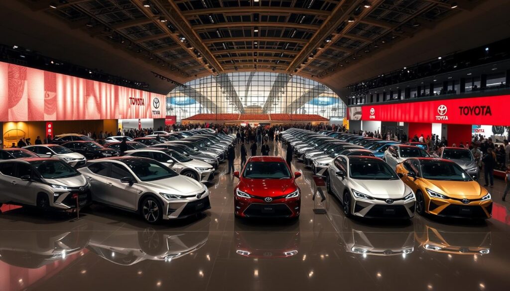 A grand exhibition hall in Tokyo, bathed in soft, warm lighting. In the foreground, an array of gleaming Toyota vehicles, their sleek silhouettes and cutting-edge designs catching the eye. Reflections dance on the polished floors, creating an illusion of depth and grandeur. In the middle ground, crowds of visitors wander, awed by the impressive lineup of the latest Toyota models. The background is filled with the iconic architecture of the Tokyo Motor Show, its sweeping curves and glass facades creating a futuristic, tech-forward atmosphere. The overall scene conveys a sense of innovation, sophistication, and Toyota's unwavering commitment to redefining the automotive experience. A grand exhibition hall in Tokyo, bathed in soft, warm lighting. In the foreground, an array of gleaming Toyota vehicles, their sleek silhouettes and cutting-edge designs catching the eye. Reflections dance on the polished floors, creating an illusion of depth and grandeur. In the middle ground, crowds of visitors wander, awed by the impressive lineup of the latest Toyota models. The background is filled with the iconic architecture of the Tokyo Motor Show, its sweeping curves and glass facades creating a futuristic, tech-forward atmosphere. The overall scene conveys a sense of innovation, sophistication, and Toyota's unwavering commitment to redefining the automotive experience.
