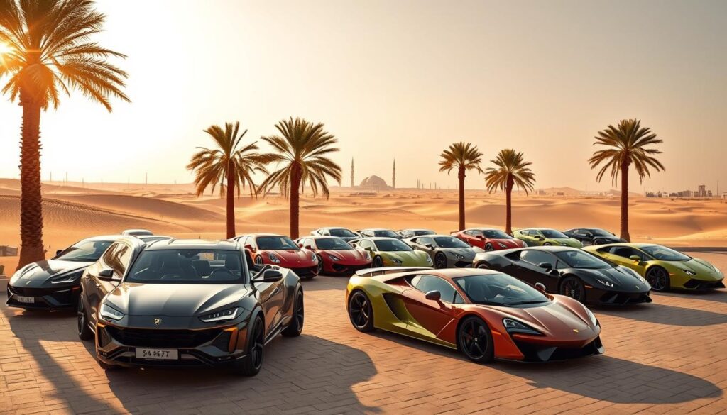 A grandiose collection of luxurious automobiles set against the backdrop of the majestic Saudi Arabian landscape. Sleek and powerful sports cars, from gleaming Lamborghini Urus SUVs to the iconic Aventador supercars, exude an air of opulence and exclusivity. The vehicles are showcased in a meticulously curated setting, with the warm desert sun casting a golden glow and highlighting the intricate design details. The scene is framed by towering palm trees and the distant silhouettes of iconic Saudi landmarks, creating a harmonious blend of modern elegance and timeless Arabian charm. The overall atmosphere conveys a sense of wealth, sophistication, and the high-end automotive culture thriving within the Kingdom. A grandiose collection of luxurious automobiles set against the backdrop of the majestic Saudi Arabian landscape. Sleek and powerful sports cars, from gleaming Lamborghini Urus SUVs to the iconic Aventador supercars, exude an air of opulence and exclusivity. The vehicles are showcased in a meticulously curated setting, with the warm desert sun casting a golden glow and highlighting the intricate design details. The scene is framed by towering palm trees and the distant silhouettes of iconic Saudi landmarks, creating a harmonious blend of modern elegance and timeless Arabian charm. The overall atmosphere conveys a sense of wealth, sophistication, and the high-end automotive culture thriving within the Kingdom.