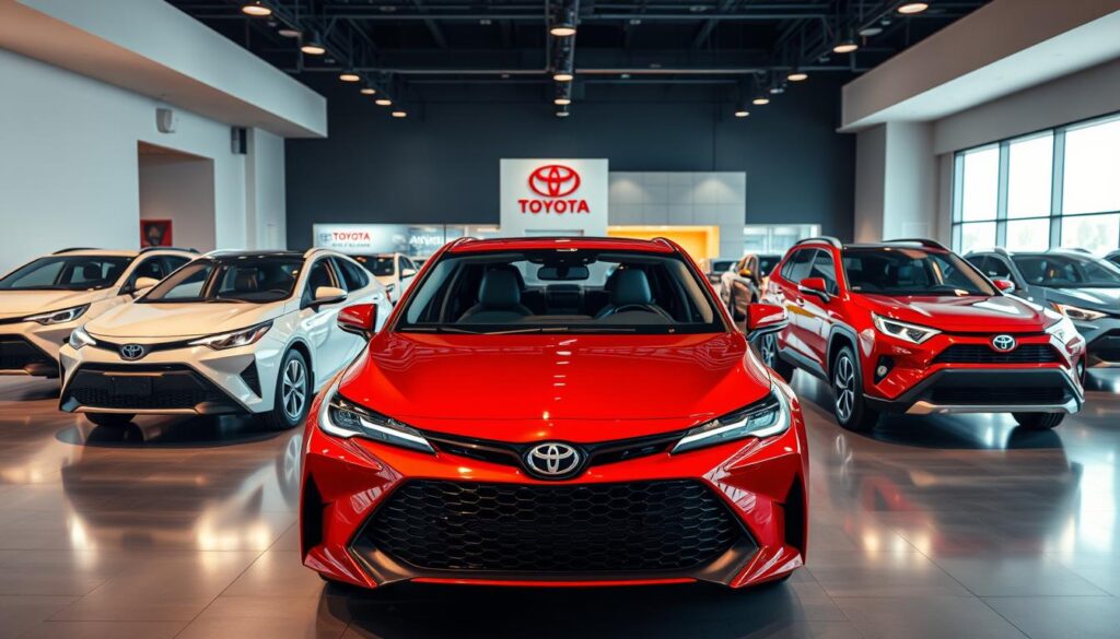 A high-quality, sleek, and modern showroom display of the latest Toyota vehicle models. Showcase the front, side, and rear views of several new Toyota sedans, SUVs, and crossovers, each illuminated by warm, soft lighting that accentuates their bold, dynamic designs and premium finishes. Capture the vehicles from an eye-level perspective, creating a sense of scale and presence. Maintain a clean, uncluttered background that focuses the viewer's attention on the cars themselves, conveying a sense of sophistication and technological innovation. A high-quality, sleek, and modern showroom display of the latest Toyota vehicle models. Showcase the front, side, and rear views of several new Toyota sedans, SUVs, and crossovers, each illuminated by warm, soft lighting that accentuates their bold, dynamic designs and premium finishes. Capture the vehicles from an eye-level perspective, creating a sense of scale and presence. Maintain a clean, uncluttered background that focuses the viewer's attention on the cars themselves, conveying a sense of sophistication and technological innovation.