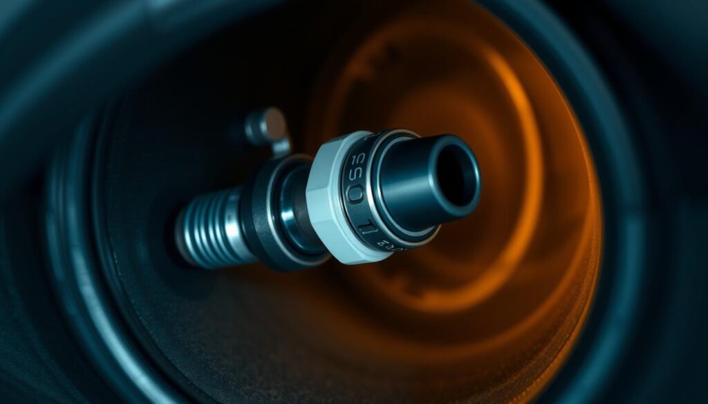 A high-resolution, photorealistic close-up of an oxygen sensor in an exhaust system, showcasing its intricate design and construction. The sensor is positioned within the exhaust pipe, capturing the flow of gases and measuring the oxygen content. The image is well-lit, revealing the various components such as the ceramic element, the metal housing, and the electrical connections. The sensor is shown in a neutral, technical setting, with a clean, minimal background that allows the device to be the focal point. The overall mood is one of precision engineering and scientific inquiry, conveying the importance of this component in modern automotive systems. A high-resolution, photorealistic close-up of an oxygen sensor in an exhaust system, showcasing its intricate design and construction. The sensor is positioned within the exhaust pipe, capturing the flow of gases and measuring the oxygen content. The image is well-lit, revealing the various components such as the ceramic element, the metal housing, and the electrical connections. The sensor is shown in a neutral, technical setting, with a clean, minimal background that allows the device to be the focal point. The overall mood is one of precision engineering and scientific inquiry, conveying the importance of this component in modern automotive systems.