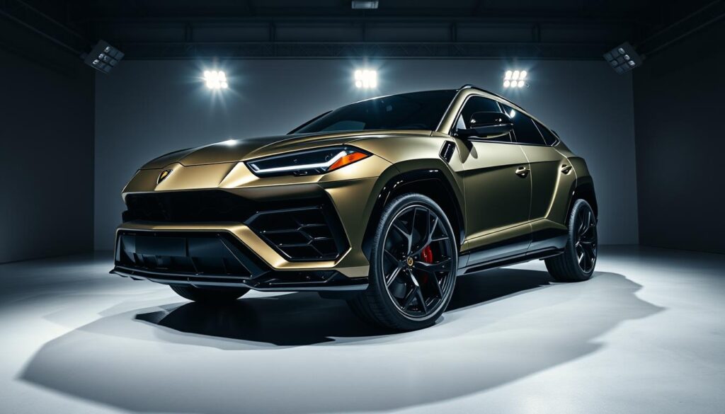A luxurious and sleek Lamborghini Urus SUV, captured in a dynamic and well-lit studio setting. The vehicle's striking angular design, with its bold front grille, sharp creases, and muscular wheel arches, is highlighted through dramatic lighting that casts dramatic shadows. The Urus' vibrant metallic paint finish, reflecting the studio's spotlights, creates a sense of opulence and sophistication. The camera angle emphasizes the Urus' imposing presence, conveying its power and capability. The overall composition and lighting evoke a sense of exclusivity and high-end luxury, perfectly suited to showcase the allure and desirability of this premium SUV. A luxurious and sleek Lamborghini Urus SUV, captured in a dynamic and well-lit studio setting. The vehicle's striking angular design, with its bold front grille, sharp creases, and muscular wheel arches, is highlighted through dramatic lighting that casts dramatic shadows. The Urus' vibrant metallic paint finish, reflecting the studio's spotlights, creates a sense of opulence and sophistication. The camera angle emphasizes the Urus' imposing presence, conveying its power and capability. The overall composition and lighting evoke a sense of exclusivity and high-end luxury, perfectly suited to showcase the allure and desirability of this premium SUV.
