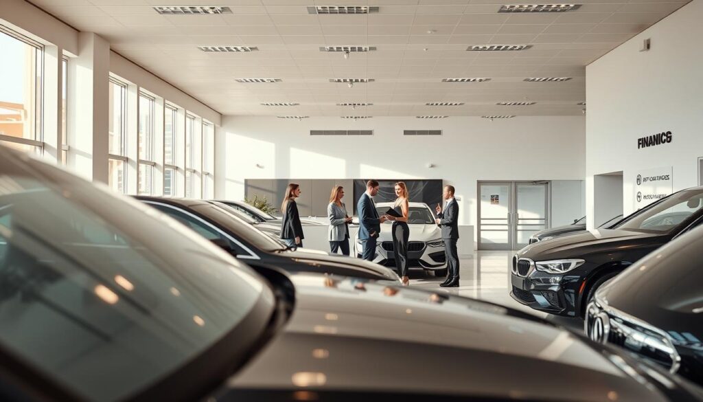 A modern, luxurious car showroom with a sleek, minimalist design. The foreground features a range of gleaming, high-end vehicles, their glossy exteriors reflecting the bright, natural lighting streaming in from large windows. In the middle ground, stylish, well-dressed sales representatives engage with potential customers, discussing financing options and customization possibilities. The background depicts a spacious, open-concept layout with clean lines, neutral tones, and subtle branding elements that convey a sense of professionalism and reliability. The overall atmosphere exudes a feeling of sophistication, innovation, and a commitment to providing comprehensive automotive financing solutions. A modern, luxurious car showroom with a sleek, minimalist design. The foreground features a range of gleaming, high-end vehicles, their glossy exteriors reflecting the bright, natural lighting streaming in from large windows. In the middle ground, stylish, well-dressed sales representatives engage with potential customers, discussing financing options and customization possibilities. The background depicts a spacious, open-concept layout with clean lines, neutral tones, and subtle branding elements that convey a sense of professionalism and reliability. The overall atmosphere exudes a feeling of sophistication, innovation, and a commitment to providing comprehensive automotive financing solutions.