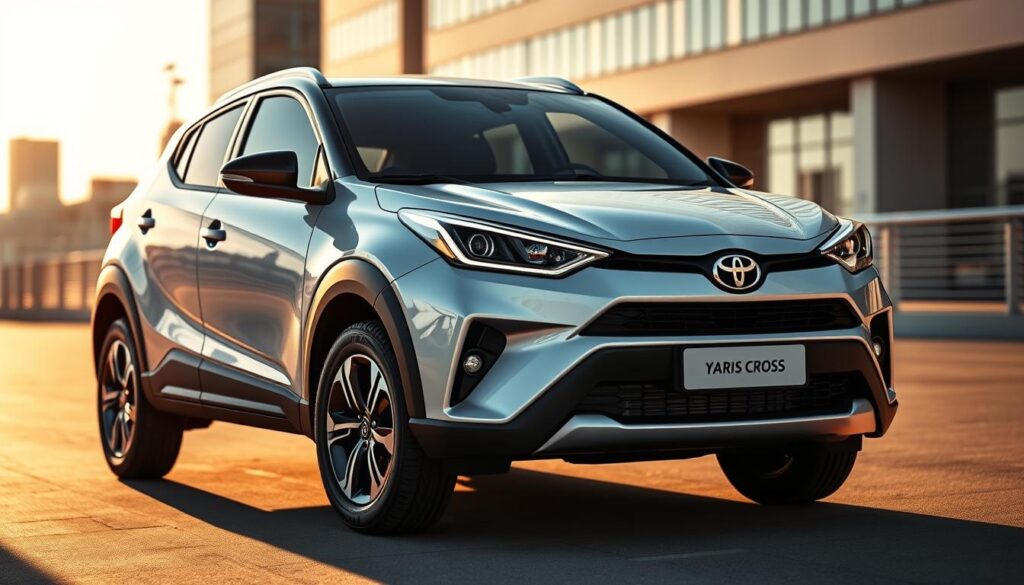 A sleek and modern Toyota Yaris Cross design, showcasing its bold, angular lines and distinctive front fascia. The vehicle is captured in a three-quarter front view, highlighting its muscular stance and rugged SUV-inspired styling. The scene is illuminated by warm, directional lighting, casting dramatic shadows that accentuate the sculpted bodywork. In the background, a blurred urban landscape provides a contemporary, city-centric setting. The overall composition conveys a sense of dynamism and sophistication, reflecting the vehicle's versatile nature and appeal to modern, adventurous consumers. A sleek and modern Toyota Yaris Cross design, showcasing its bold, angular lines and distinctive front fascia. The vehicle is captured in a three-quarter front view, highlighting its muscular stance and rugged SUV-inspired styling. The scene is illuminated by warm, directional lighting, casting dramatic shadows that accentuate the sculpted bodywork. In the background, a blurred urban landscape provides a contemporary, city-centric setting. The overall composition conveys a sense of dynamism and sophistication, reflecting the vehicle's versatile nature and appeal to modern, adventurous consumers.