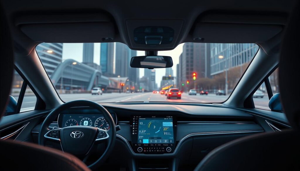 A sleek, modern dashboard with a large digital display showcasing advanced vehicle diagnostics and infotainment controls. The steering wheel features touch-sensitive controls and a minimalist design. The view through the windshield reveals a city skyline, with high-rise buildings and traffic lights in the distance. Soft, warm lighting illuminates the interior, creating a comfortable and technologically advanced driving experience. The overall scene conveys a sense of the future of automotive technology, where the driver's connection with the vehicle is seamless and intuitive. A sleek, modern dashboard with a large digital display showcasing advanced vehicle diagnostics and infotainment controls. The steering wheel features touch-sensitive controls and a minimalist design. The view through the windshield reveals a city skyline, with high-rise buildings and traffic lights in the distance. Soft, warm lighting illuminates the interior, creating a comfortable and technologically advanced driving experience. The overall scene conveys a sense of the future of automotive technology, where the driver's connection with the vehicle is seamless and intuitive.
