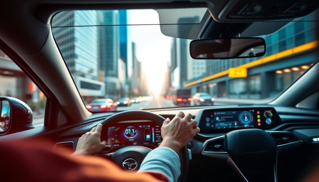 A vibrant dashboard display in the foreground, showcasing advanced infotainment and driver assistance features. In the middle ground, a driver's hands gripping a sleek, modern steering wheel, with a view of the road ahead through the windshield. The background depicts a dynamic urban cityscape, with skyscrapers and busy streets, conveying a sense of the cutting-edge technology and connectivity that defines the latest automotive innovations. A vibrant dashboard display in the foreground, showcasing advanced infotainment and driver assistance features. In the middle ground, a driver's hands gripping a sleek, modern steering wheel, with a view of the road ahead through the windshield. The background depicts a dynamic urban cityscape, with skyscrapers and busy streets, conveying a sense of the cutting-edge technology and connectivity that defines the latest automotive innovations.