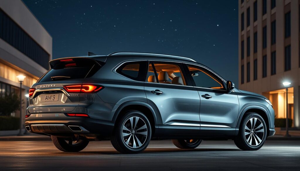 An expansive family SUV in a sleek, modern design, with three rows of seating and ample cargo space. Flowing lines and a commanding presence on the road, complemented by a sophisticated, well-appointed interior with premium materials. Bathed in warm, soft lighting that accentuates the luxurious cabin, the vehicle exudes a sense of comfort and safety for a large household. Parked in a subtly lit, urban setting, the SUV's silhouette stands out against a backdrop of modern architecture and a clear, starry night sky, hinting at the perfect balance of style and function for the modern, discerning family. An expansive family SUV in a sleek, modern design, with three rows of seating and ample cargo space. Flowing lines and a commanding presence on the road, complemented by a sophisticated, well-appointed interior with premium materials. Bathed in warm, soft lighting that accentuates the luxurious cabin, the vehicle exudes a sense of comfort and safety for a large household. Parked in a subtly lit, urban setting, the SUV's silhouette stands out against a backdrop of modern architecture and a clear, starry night sky, hinting at the perfect balance of style and function for the modern, discerning family.