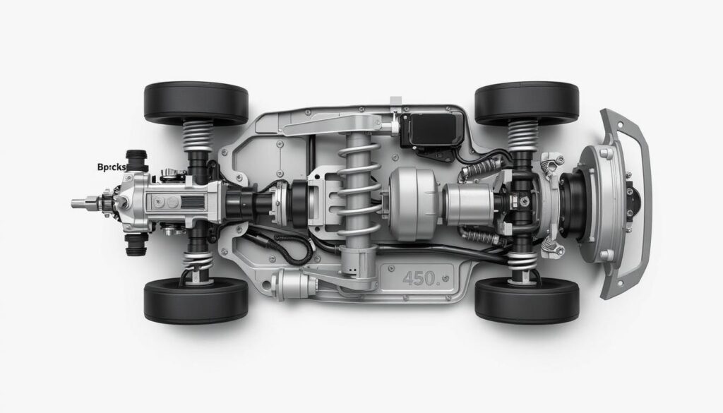 An intricate technical diagram showcasing the key components of a vehicle's suspension system. The image should display a detailed cross-section view of the suspension, highlighting the shock absorbers, coil springs, control arms, and other essential elements in a clean, engineering-focused style. The layout should be symmetrical and well-balanced, with a neutral color palette of grays, blacks, and metallic tones to convey a sense of precision and functionality. Lighting should be soft and even, with subtle shadows to accentuate the three-dimensional nature of the components. The overall mood should be informative and educational, suitable for inclusion in a maintenance article on automotive suspension systems. An intricate technical diagram showcasing the key components of a vehicle's suspension system. The image should display a detailed cross-section view of the suspension, highlighting the shock absorbers, coil springs, control arms, and other essential elements in a clean, engineering-focused style. The layout should be symmetrical and well-balanced, with a neutral color palette of grays, blacks, and metallic tones to convey a sense of precision and functionality. Lighting should be soft and even, with subtle shadows to accentuate the three-dimensional nature of the components. The overall mood should be informative and educational, suitable for inclusion in a maintenance article on automotive suspension systems.