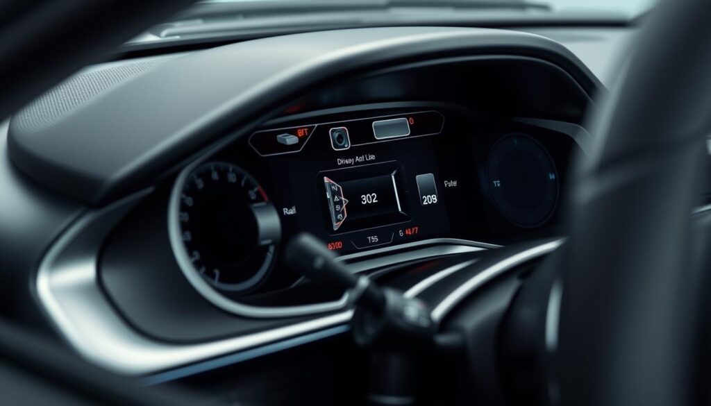 A close-up view of a modern car's sensor array, showcasing the various components that make up the vehicle's advanced driver assistance systems. The image should depict a sleek, metallic dashboard, with a complex network of sensors, cameras, and radar modules seamlessly integrated into the vehicle's design. The lighting should be clean and directional, highlighting the intricate details and the high-tech nature of these crucial safety and performance features. The overall mood should convey a sense of technological sophistication and the importance of these sensors in ensuring the car's optimal performance and efficiency.