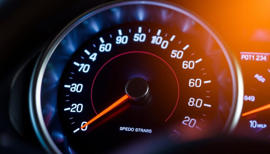 A detailed close-up of a vehicle's speedometer, showcasing the intricate analog dial and markings. The instrument panel is illuminated with a soft, warm glow, creating a modern, high-quality aesthetic. The speedometer's needle is centered, indicating a stationary vehicle. The background is blurred, keeping the focus on the speedometer's design and functionality. The image conveys a sense of precision, control, and the technical aspect of automotive engineering.