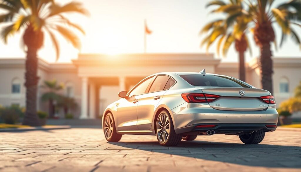 A detailed illustration of the annual vehicle tax in Morocco, showcasing a modern sedan car model in the foreground, set against a backdrop of a government building or tax office. The scene is bathed in warm, natural lighting, creating a sense of transparency and accessibility. The vehicle is positioned prominently, inviting the viewer to focus on the intricacies of the tax process. The overall composition conveys a well-organized and informative visual representation of the annual vehicle tax in Morocco.