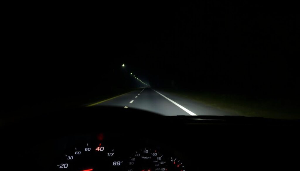 A dimly lit road at night, with the headlights of a car illuminating the surroundings. In the foreground, the dashboard of the car is visible, with the instrument cluster displaying various warning lights, including a flickering, malfunctioning headlight indicator. The middle ground shows the road ahead, slightly obscured by the failing headlight, creating an uneasy atmosphere. The background features a sense of depth, with trees or buildings on the sides of the road, casting long shadows and creating a moody, atmospheric scene. The overall lighting is slightly muted, creating a sense of unease and the need for proper vehicle maintenance. A dimly lit road at night, with the headlights of a car illuminating the surroundings. In the foreground, the dashboard of the car is visible, with the instrument cluster displaying various warning lights, including a flickering, malfunctioning headlight indicator. The middle ground shows the road ahead, slightly obscured by the failing headlight, creating an uneasy atmosphere. The background features a sense of depth, with trees or buildings on the sides of the road, casting long shadows and creating a moody, atmospheric scene. The overall lighting is slightly muted, creating a sense of unease and the need for proper vehicle maintenance.