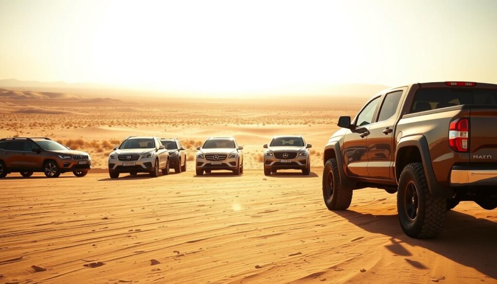 A fleet of Saudi Arabian diesel-powered vehicles gently gleams in the warm desert sunlight. In the foreground, a sturdy pickup truck stands tall, its chunky all-terrain tires and muscular frame hinting at its rugged capability. Beyond it, a line of SUVs and sedans stretch into the middle ground, their sleek silhouettes and dynamic lines conveying a sense of power and efficiency. In the distant background, the vast expanse of the Saudi Arabian landscape unfolds, a patchwork of sand dunes, scrubland, and distant mountains, creating a dramatic and immersive setting for this showcase of the country's diesel automotive prowess.
