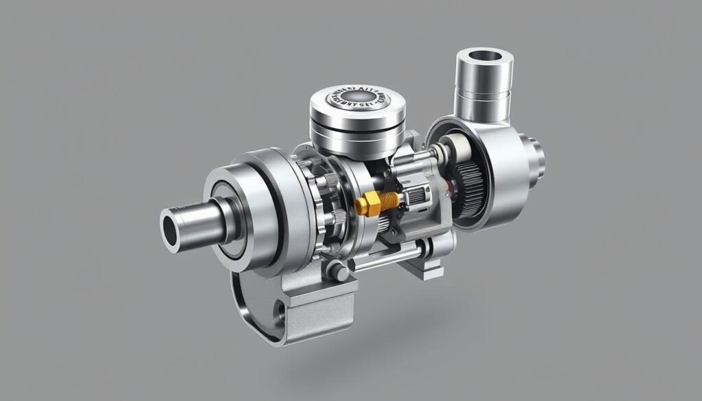 A high-quality, technical illustration of an air control valve, showcasing its intricate internal components and mechanisms. The valve is depicted in a neutral-toned, clean-lined engineering style, with a focus on highlighting the precision engineering and functional design. The image should convey a sense of technical sophistication and expertise, suitable for inclusion in an article about idle sensors. Lighting should be directional and emphasize the metallic surfaces and fine details. The angle should provide a cutaway view, allowing the viewer to clearly see the valve's inner workings. The overall mood should be one of informative clarity and technical proficiency.