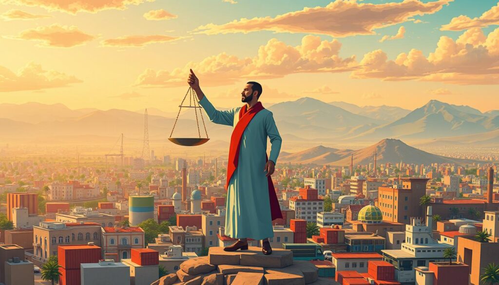 A high-resolution, detailed illustration depicting the economic role of taxation in Morocco. In the foreground, a central figure representing the Moroccan government stands amidst a bustling cityscape, holding a scale that balances tax revenue and economic growth. In the middle ground, a variety of businesses and industries demonstrate the impact of taxation policies, from factories to markets to transportation. In the background, rolling hills and a vibrant sky set an expansive, prosperous scene. The lighting is warm and inviting, conveying the importance of taxation in driving the Moroccan economy forward. The composition should clearly communicate the significance of tax systems in shaping economic development.