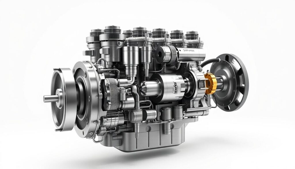 A highly detailed cross-section diagram of the main components of a diesel engine, showcased in a technical yet visually captivating manner. The image should feature a meticulously rendered depiction of the engine block, pistons, crankshaft, fuel injection system, and other key elements, all presented against a clean, minimalist background that allows the engineering details to take center stage. The lighting should be crisp and uniform, with subtle shadows and highlights accentuating the various mechanical parts. The angle should be slightly elevated to provide a comprehensive, exploded view of the engine's inner workings, allowing the viewer to clearly understand the fundamental principles of diesel engine operation.