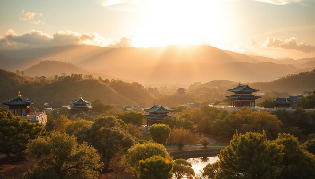 A majestic Korean landscape, steeped in history and tradition. Sweeping rolling hills dotted with ancient pagodas and royal palaces, their ornate architecture reflecting the rich cultural heritage. In the foreground, a serene garden with lush foliage and a tranquil pond, mirroring the timeless elegance of the Korean aesthetic. Warm, golden sunlight filters through wispy clouds, casting a soft, nostalgic glow over the scene. The overall atmosphere evokes a sense of reverence and deep connection to the enduring legacy of the Korean people. Crisp, cinematic details capture the timeless beauty of this iconic Korean setting.
