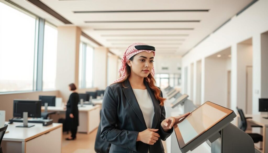 A modern administrative office in Saudi Arabia, featuring a sleek and minimalist interior design with clean lines and neutral tones. The space is filled with natural light, creating a warm and inviting atmosphere. In the foreground, a woman in business attire is interacting with a touchscreen display, seamlessly navigating the electronic procedures. In the background, subtle architectural details and office equipment suggest the efficient and technologically advanced nature of the environment. The scene conveys a sense of progress, organization, and the digitalization of government services in the Kingdom. A modern administrative office in Saudi Arabia, featuring a sleek and minimalist interior design with clean lines and neutral tones. The space is filled with natural light, creating a warm and inviting atmosphere. In the foreground, a woman in business attire is interacting with a touchscreen display, seamlessly navigating the electronic procedures. In the background, subtle architectural details and office equipment suggest the efficient and technologically advanced nature of the environment. The scene conveys a sense of progress, organization, and the digitalization of government services in the Kingdom.