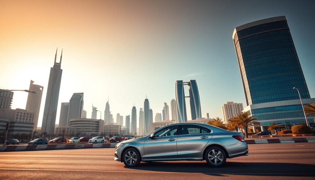 A striking cityscape of Riyadh, Saudi Arabia, showcasing the distinct advantages of diesel-powered vehicles in the region. The foreground features a sleek, well-maintained diesel-powered sedan navigating the bustling streets, its powerful engine effortlessly handling the varied terrain. In the middle ground, towering skyscrapers and modern architecture cast long, dramatic shadows, creating a sense of scale and grandeur. The background is dominated by a clear, cloudless sky, bathing the scene in warm, golden light that accentuates the durability and efficiency of diesel technology. The composition emphasizes the seamless integration of diesel vehicles into the vibrant urban landscape, highlighting their suitability for the Saudi Arabian environment.
