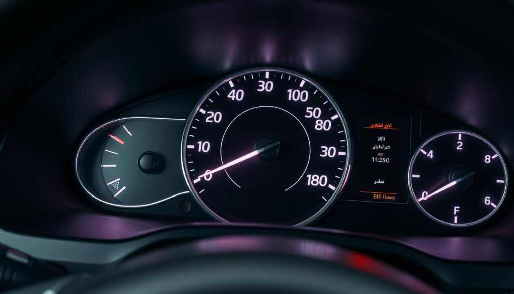 A well-lit, high-resolution close-up view of a car's speedometer dashboard, showcasing the speedometer dial and needle. The speedometer is clearly visible and legible, displaying the speed in kilometers per hour. The dashboard is clean, modern, and minimalistic, with a sleek, metallic design. The lighting is soft and diffused, creating a subtle, ambient glow that highlights the details of the speedometer. The angle of the shot is slightly angled, providing a dynamic and engaging perspective. The overall mood is one of precision, control, and attention to detail, reflecting the importance of monitoring and maintaining safe driving speeds on Saudi Arabian roads.