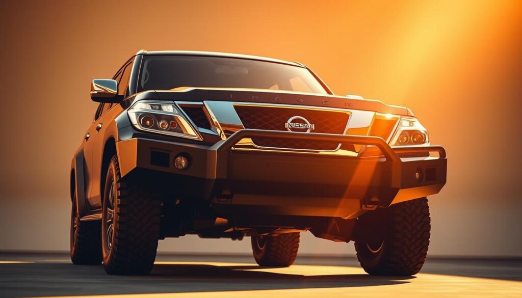 An iconic design of the legendary Nissan Patrol SUV, capturing its bold and imposing presence. A low-angle shot showcases the muscular front fascia, with a bold grille, piercing headlights, and a distinctive hood. Prominent fender flares and sturdy, rugged wheels convey its off-road capabilities. The overall silhouette exudes an air of confidence and adventure, befitting the Patrol's storied heritage. Warm, golden lighting illuminates the scene, casting dramatic shadows and highlighting the vehicle's sculpted surfaces. The background is a simple, minimalist environment, allowing the Patrol to take center stage and showcase its iconic design.