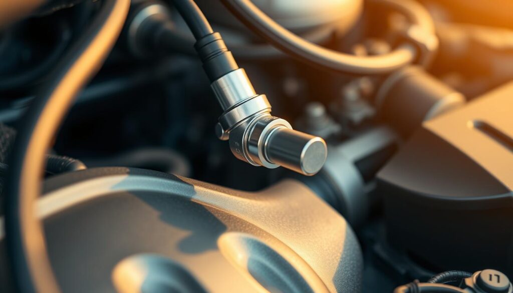 An oxygen sensor mounted on the underside of a modern car engine, its metal housing gleaming under warm, directional lighting. The sensor's slim, cylindrical form fits seamlessly into the engine block, surrounded by the intricate web of hoses, wires and components that make up the vehicle's complex systems. The sensor's tip, coated in a specialized ceramic material, protrudes slightly, ready to precisely measure the air-fuel ratio and relay that data to the engine's electronic control unit. A sense of precision engineering and technical sophistication pervades the scene, reflecting the vital role this humble yet essential component plays in ensuring optimal engine performance and efficiency.