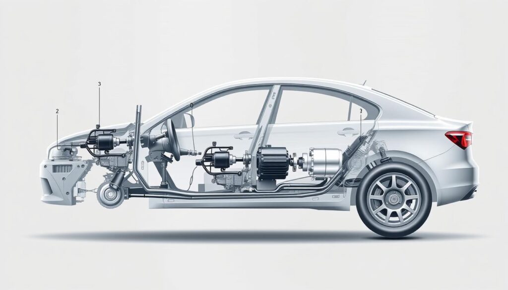 Detailed diagram of a car's steering system, showcasing the key components in a clean, technical illustration. Crisp, high-resolution rendering with precise engineering-style schematics. Illustrate the steering column, power steering pump, steering rack, and linkages in the foreground, with a plain, slightly reflective metallic background. Emphasize the mechanical workings and inner machinery through a cutaway or exploded view. Use cool, neutral tones to convey a sense of functionality and precision. Capture the essence of the steering system's operation in a visually informative and aesthetically pleasing manner.