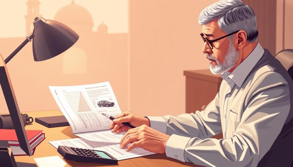 Detailed illustration of a person carefully assessing the needs and budget for a vehicle purchase in Morocco. The scene depicts a middle-aged man in formal attire sitting at a desk, surrounded by documents, a calculator, and a car sales brochure. Soft, warm lighting creates a contemplative atmosphere, while the background features a subtle Moroccan architectural motif. The overall composition conveys a sense of thoughtful planning and consideration of the key factors involved in making a strategic car-buying decision in the Moroccan market.