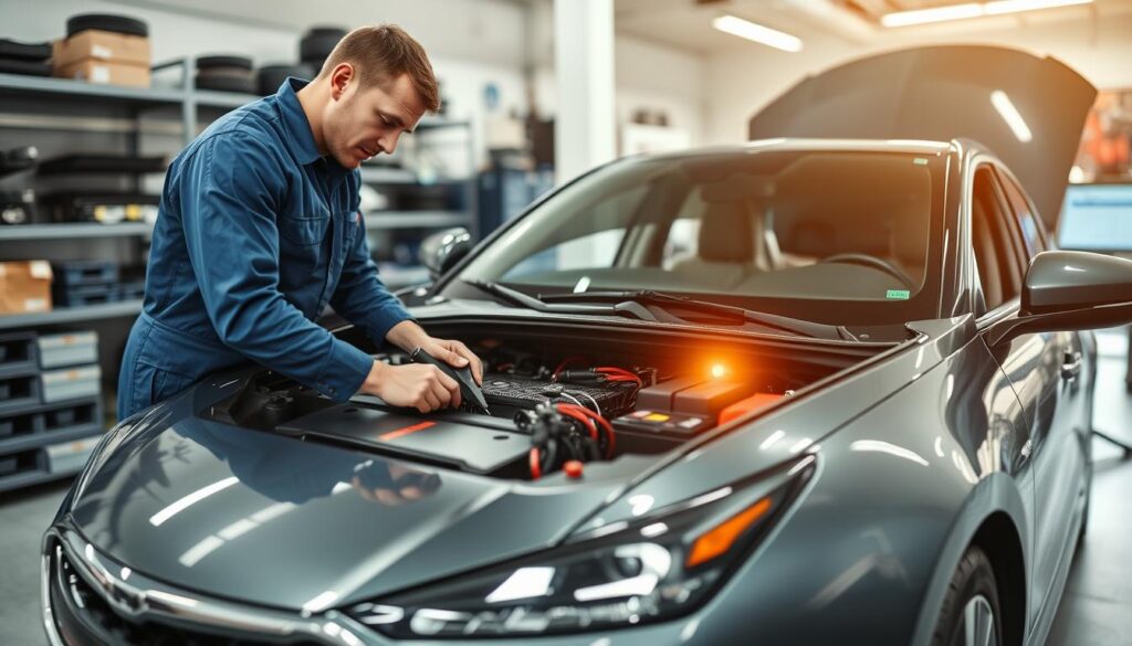 Detailed image of a mechanic performing battery maintenance on a hybrid vehicle. The scene features a well-lit auto repair shop with a sleek, modern hybrid car in the center. The mechanic, wearing a blue jumpsuit, is carefully examining the car's battery compartment, using specialized tools and equipment. The lighting casts soft shadows, highlighting the intricate components and the mechanic's focus. The background includes shelves of auto parts and a diagnostic computer display, conveying a sense of a professional, well-equipped workshop. The overall atmosphere is one of technical expertise and attention to detail, reflecting the importance of proper battery maintenance for hybrid vehicles.