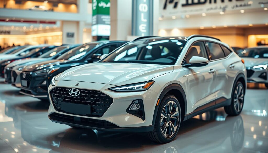 Elegant showroom display of hybrid cars in Saudi Arabia, meticulously showcasing their sleek designs and advanced technologies. Soft, warm lighting accentuates the polished exteriors, highlighting the curves and lines. A mix of sedan, SUV, and crossover models are presented, allowing potential buyers to envision the perfect fit for their needs. The background blurs gently, drawing the viewer's focus to the captivating vehicles in the foreground. Serene and inviting, the scene conveys the allure of eco-friendly, fuel-efficient hybrid ownership in the Saudi market.
