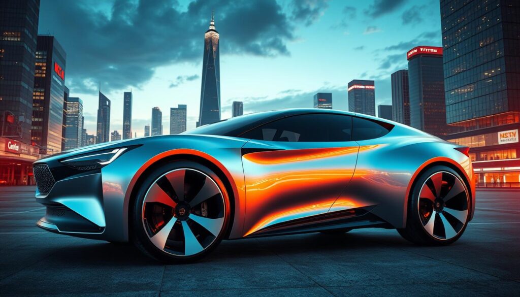 Futuristic vehicle design with innovative silhouettes and cutting-edge technologies. Sleek, aerodynamic shapes with sharp edges and smooth contours, hinting at advanced propulsion systems and enhanced performance. Metallic surfaces gleam under dynamic lighting, casting reflections that accentuate the bold, progressive styling. In the background, a dynamic cityscape with towering skyscrapers and vibrant urban energy, setting the stage for the vehicle's integration into a technologically advanced, sustainable future. Cinematic camera angles and dramatic perspective emphasize the vehicle's powerful presence and the promise of automotive innovation.