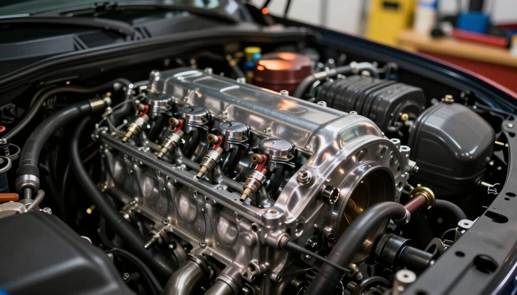 A close-up view of a car engine in operation, showcasing intricate components like pistons and spark plugs. The foreground features glistening metallic elements and interconnected tubes, emphasizing the energy of the engine as it runs smoothly. The mid-ground includes a subtle play of light highlighting the engine's mechanical complexity, with reflections dancing on polished surfaces. In the background, a blurred workshop environment conveys a sense of automotive expertise, with tools and equipment softly illuminated by warm, ambient lighting. The overall mood is dynamic and technical, inviting viewers to appreciate the detailed interplay of fuel combustion and engine efficiency. The shot is taken at a low angle to evoke a sense of strength and precision.