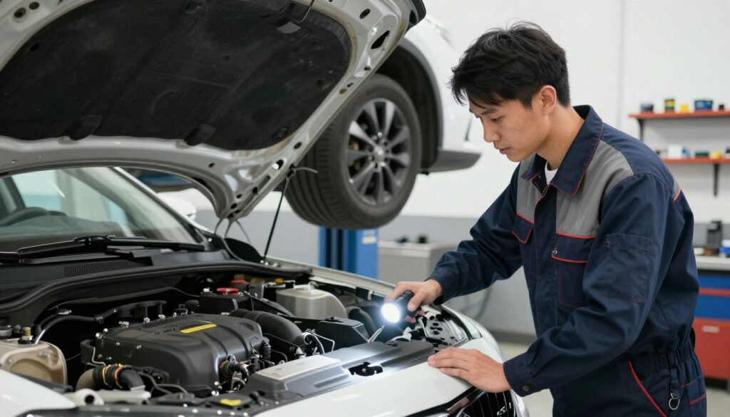 A detailed car maintenance scene focusing on regular vehicle inspection for fuel efficiency. In the foreground, a professional mechanic, dressed in a smart uniform, is inspecting the engine compartment with a flashlight, illustrating attention to detail. The middle ground features a well-maintained car on a lift, allowing for a clear view of the undercarriage and tires, conveying the importance of thorough checks. In the background, a bright, well-lit garage environment, with tools and equipment organized on shelves, adds to the professionalism of the setting. Soft, natural lighting enhances the inviting atmosphere while emphasizing the task at hand. The angle should capture the mechanic's focused expression, highlighting the dedication to improving fuel efficiency through regular maintenance.