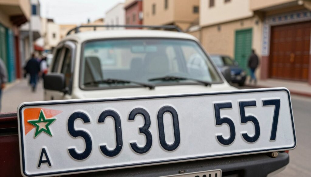 A detailed close-up of a Moroccan license plate, showcasing the unique combination of numbers and letters specific to Morocco. The license plate should be prominently displayed in the foreground, capturing the vibrant colors and distinctive design features. In the middle ground, include a blurred image of a vehicle parked against a backdrop of a bustling Moroccan street, suggesting an urban environment. The background should feature traditional Moroccan architecture, with intricate designs and rich colors. Use natural lighting to create a warm and inviting atmosphere, with the soft focus accentuating the details of the license plate. The camera angle should be slightly tilted for a dynamic perspective, ensuring a clear and engaging view of the license plate while reflecting the cultural context. The overall mood should be informative yet visually appealing, suitable for educational purposes.