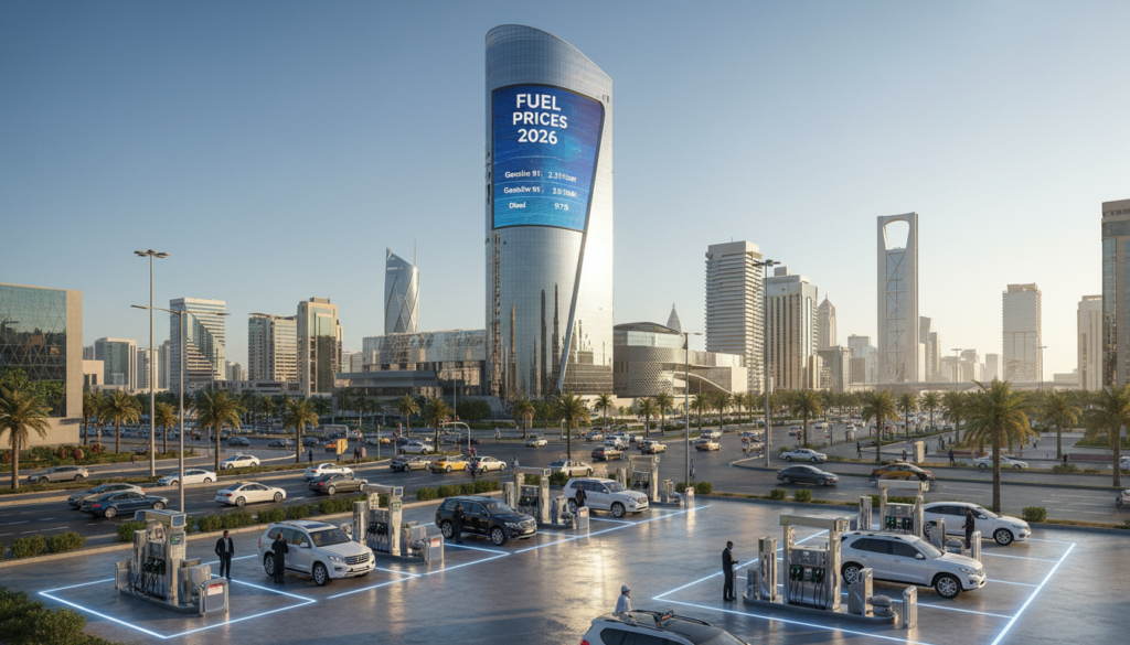 A dynamic scene set in a modern Saudi Arabian cityscape, showcasing a digital billboard prominently displaying the latest fuel prices for 2026. In the foreground, a carefully organized gas station with sleek pumps and customers in professional attire filling their vehicles. The middle ground features a bustling street with cars, people, and palm trees, creating a lively urban atmosphere. The background is adorned with distinctive architectural landmarks of Saudi Arabia, against a bright blue sky. The lighting is warm and inviting, indicative of a sunny day. The image should evoke a sense of progress and modernization, encapsulating the essence of fuel pricing updates in a forward-looking timeframe. No text or additional elements are included, focusing solely on this vibrant setting.