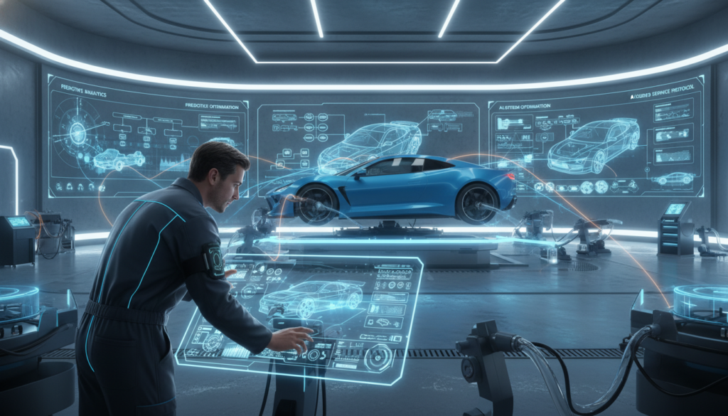A futuristic automotive maintenance workshop featuring a sleek, modern setting focused on predictive car maintenance using artificial intelligence. In the foreground, a mechanic in professional attire examines a digital dashboard displaying real-time data analytics and predictive algorithms. The middle of the image showcases a high-tech car undergoing diagnostic checks, surrounded by advanced tools and machinery. The background includes large screens displaying AI-generated maintenance predictions. The lighting is bright and focused, with soft shadows creating a clean, professional atmosphere. The overall mood is innovative and forward-looking, emphasizing the integration of technology in car maintenance.