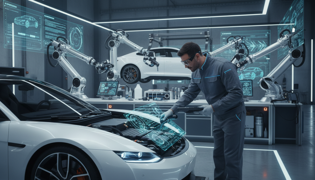 A futuristic automotive workshop scene showcasing technological advancements in car maintenance. In the foreground, a skilled mechanic, dressed in a professional uniform, is inspecting an electric vehicle using smart diagnostic tools and augmented reality glasses, displaying digital data overlays. The middle ground features advanced robotic arms assisting in repairs, while various high-tech tools and gadgets are neatly organized on a workbench. In the background, large screens show real-time data analysis and AI algorithms optimizing vehicle performance. The workshop is brightly lit with a modern vibe, featuring sleek, minimalist design elements and cutting-edge equipment, creating an innovative and inspiring atmosphere.