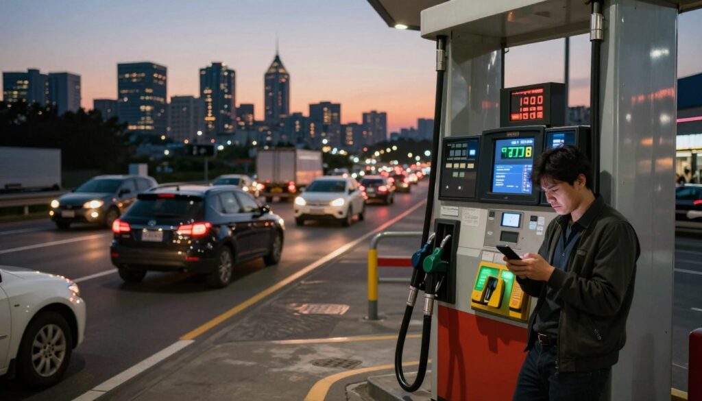 A visually striking composition illustrating the reasons for the sudden increase in gasoline consumption. In the foreground, a fuel pump with a high-tech display showing rapidly rising gas prices; alongside it, a worried consumer checking their smartphone. The middle layer features a busy highway with a mix of vehicles, including SUVs and trucks, symbolizing high fuel consumption. In the background, a city skyline at dusk, emitting a warm glow of lights, hinting at urban growth and traffic congestion. The overall mood conveys urgency and concern, highlighted by dramatic lighting that casts long shadows. The image should use a wide-angle lens perspective to accentuate the bustling environment, creating a sense of depth and urgency.