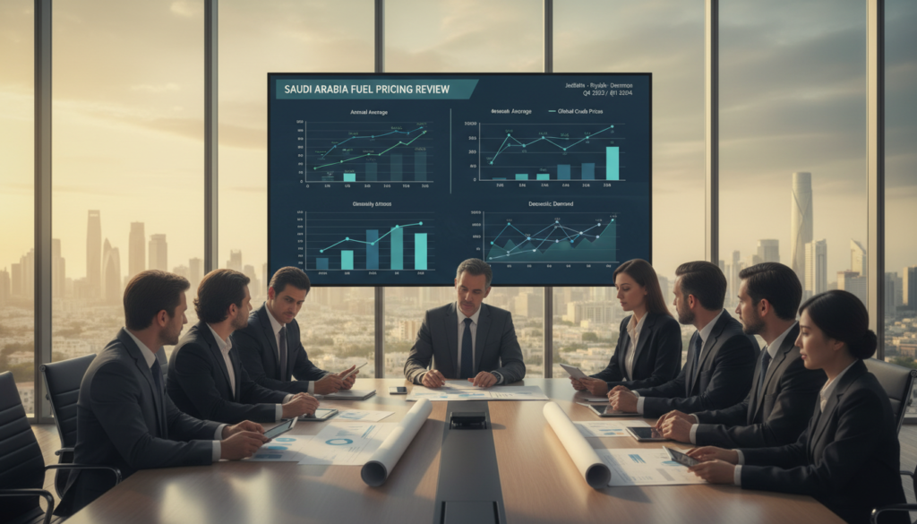 An intricate and informative scene depicting the annual and monthly fuel pricing review mechanism in Saudi Arabia. Foreground features a diverse group of professionals in business attire gathered around a sleek conference table, engaged in a discussion over digital tablets and charts. The middle ground showcases a large digital screen displaying fuel price graphs and trends with various data points highlighted. The background hints at a modern office space with glass walls, city skyline visible through the windows, bathed in soft, natural light. The atmosphere is collaborative and dynamic, symbolizing analysis and strategic planning. A warm color palette creates an inviting yet professional ambiance.